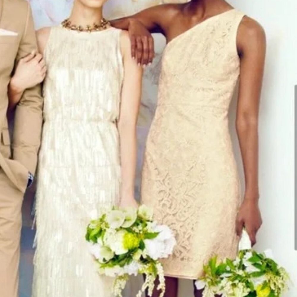 NWT J.Crew Alexa One-Shoulder Dress in Leavers Lace Champagne 8